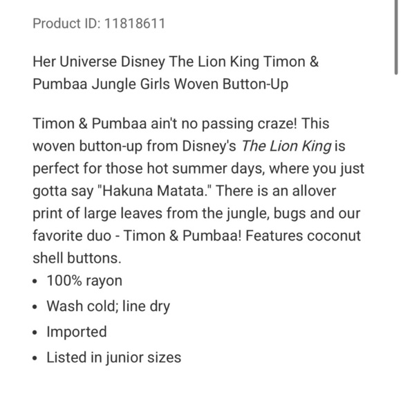 Her Universe Disney The Lion King Timon & Pumbaa Jungle Girls Woven Button-Up - Picture 3 of 8